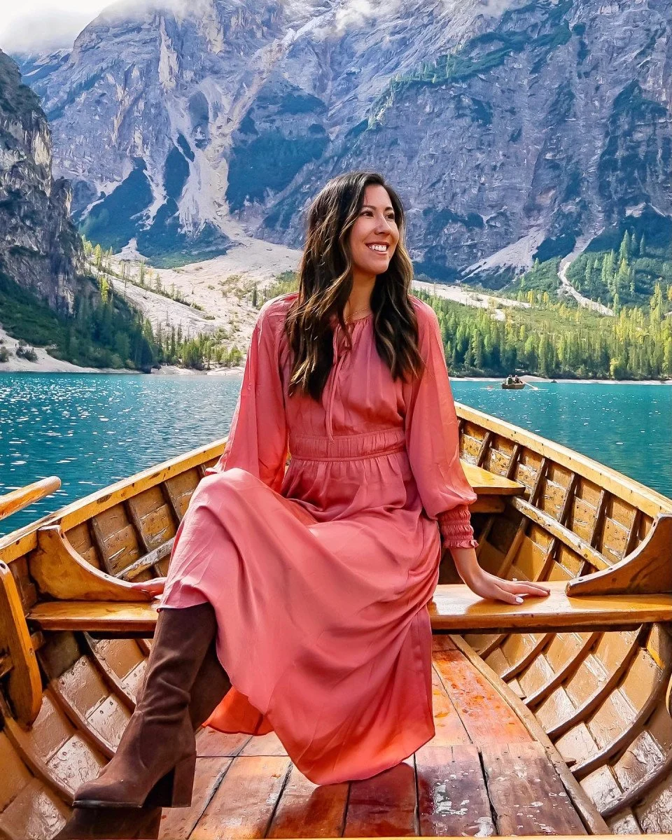 woman in pink dress in gondola