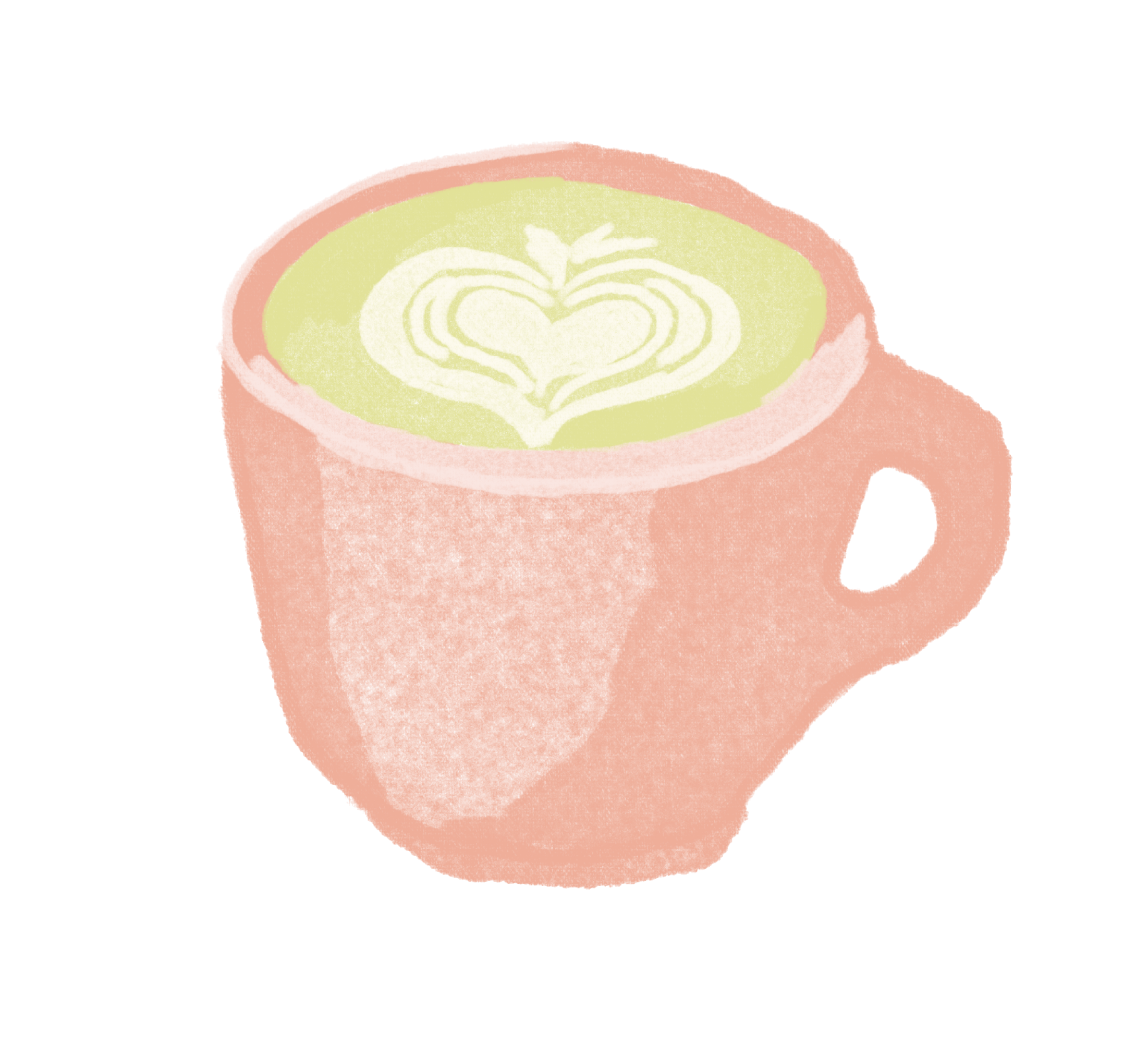 A pink coffee cup with a green beverage inside, decorated with latte art resembling a heart design.