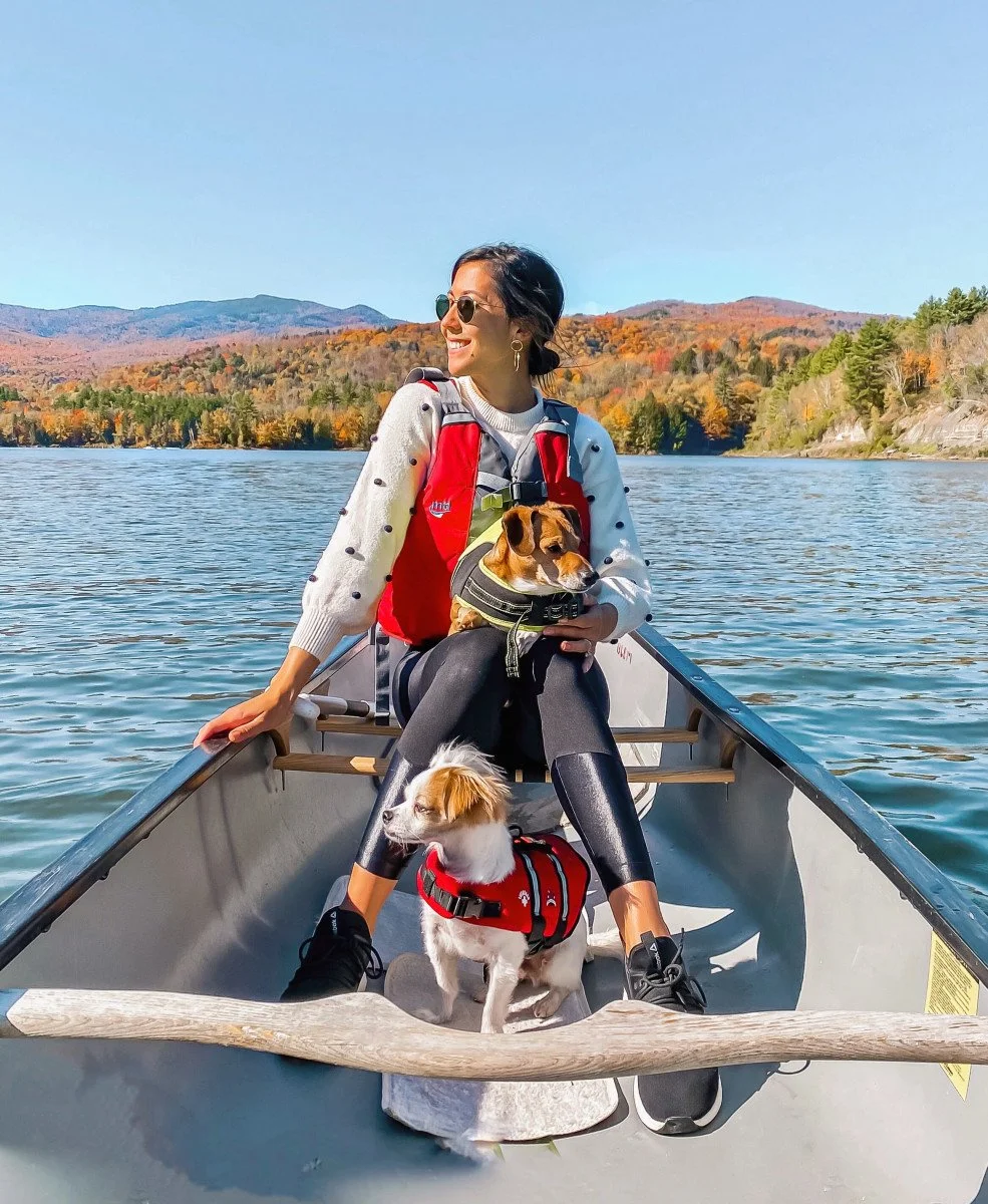 woman in boat with two small dogs