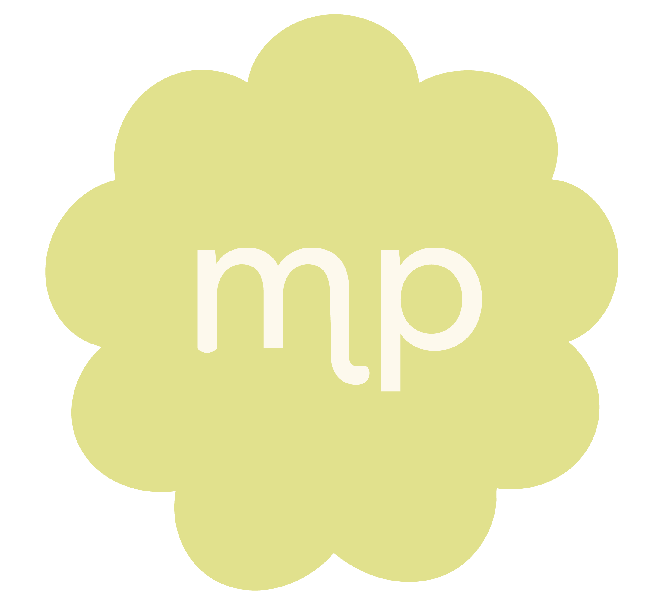 A yellow flower-shaped badge with the letters 'mp' in white in the center.