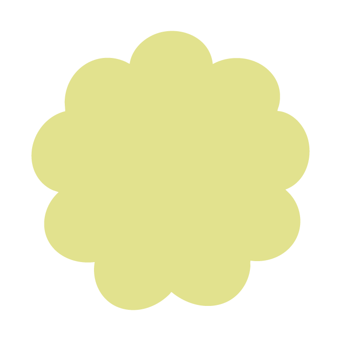A light yellow, flower-shaped badge or sticker with a scalloped edge.