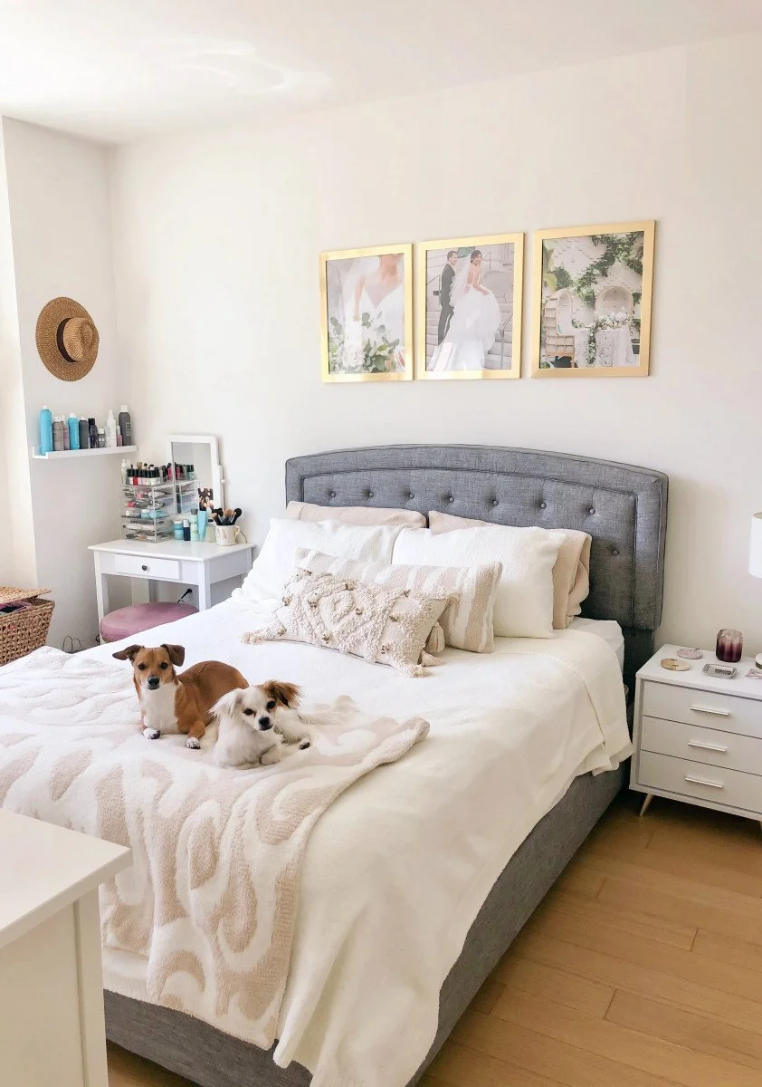 cozy bedroom with two small dogs