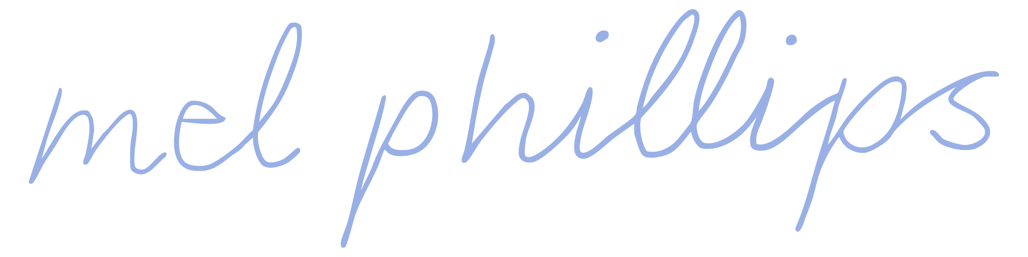 Text in cursive that reads 'mel phullings' in a blue font.