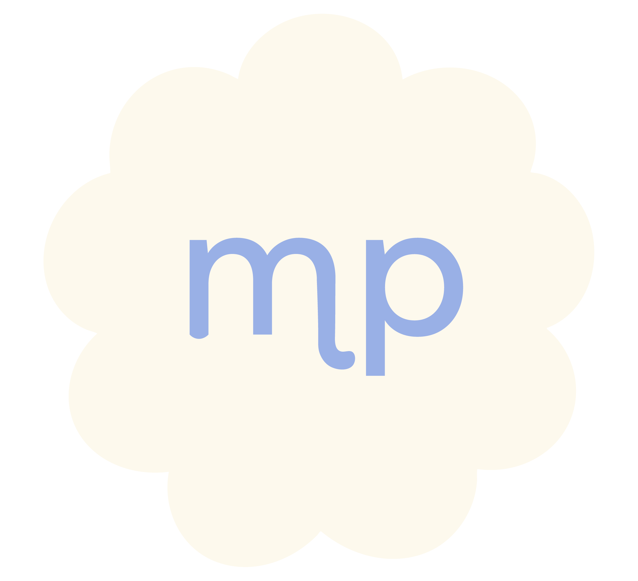 A cream-colored flower-shaped background with the letters 'mp' in light blue in the center.