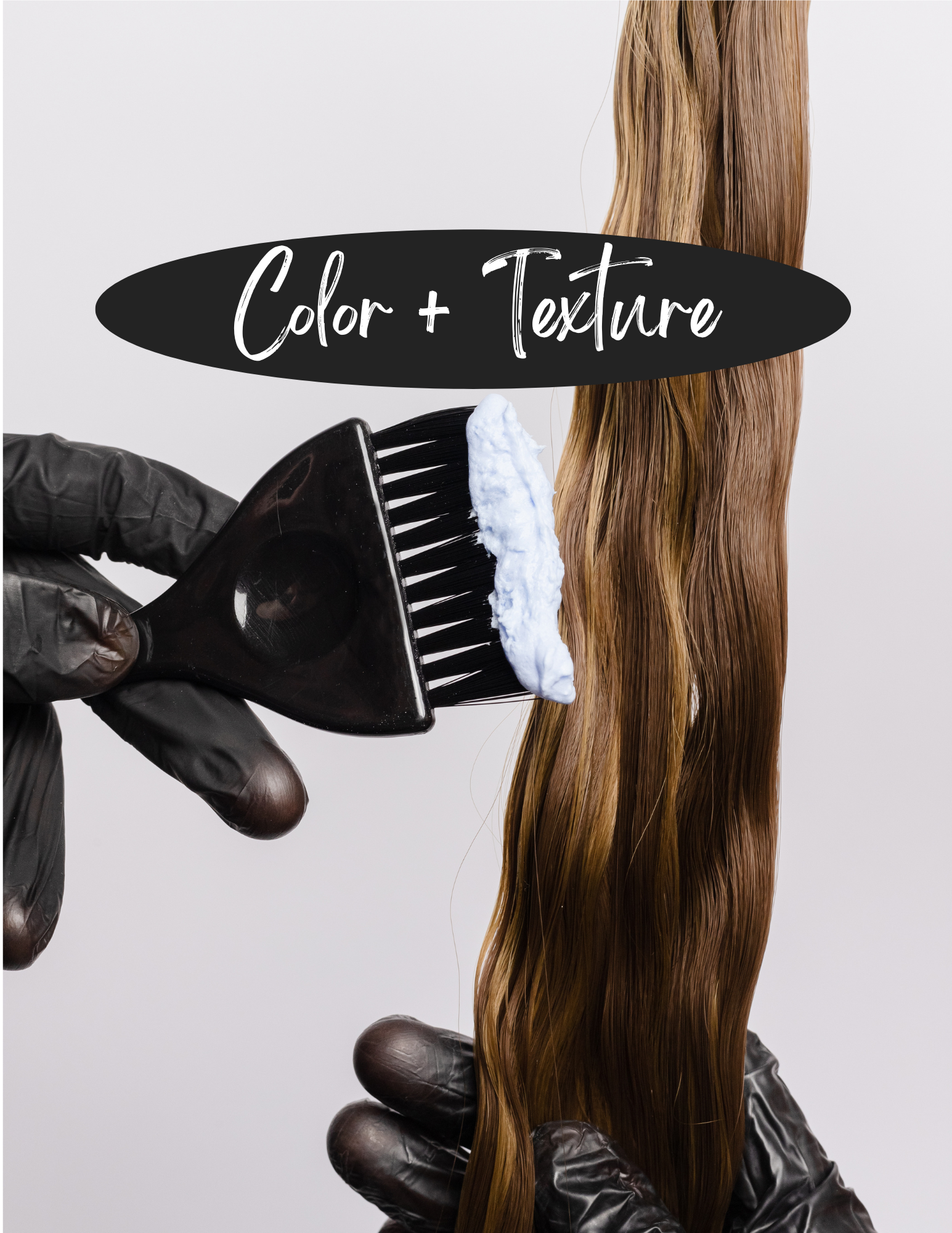 hair color brush applying color to hair with a banner that says Color + Texture