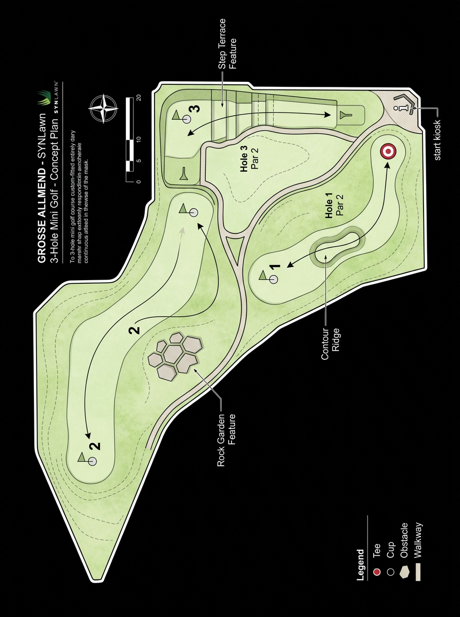 Lageplan eines 3-Loch SYNLawn Mini-Golfplatzes mit Startkiosk