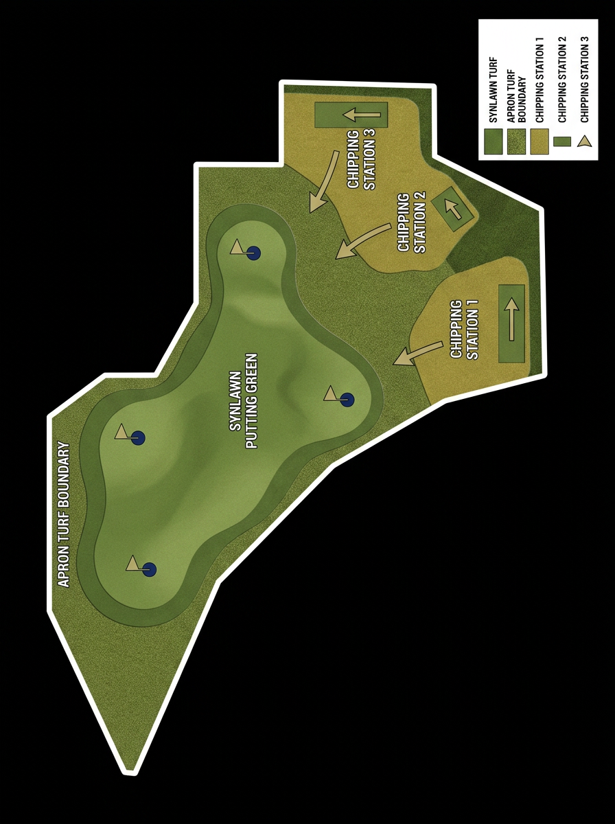 Golfplatzplan mit Abschlägen, Putting Green, drei Chipping Stationen und einem Abschlussturm.