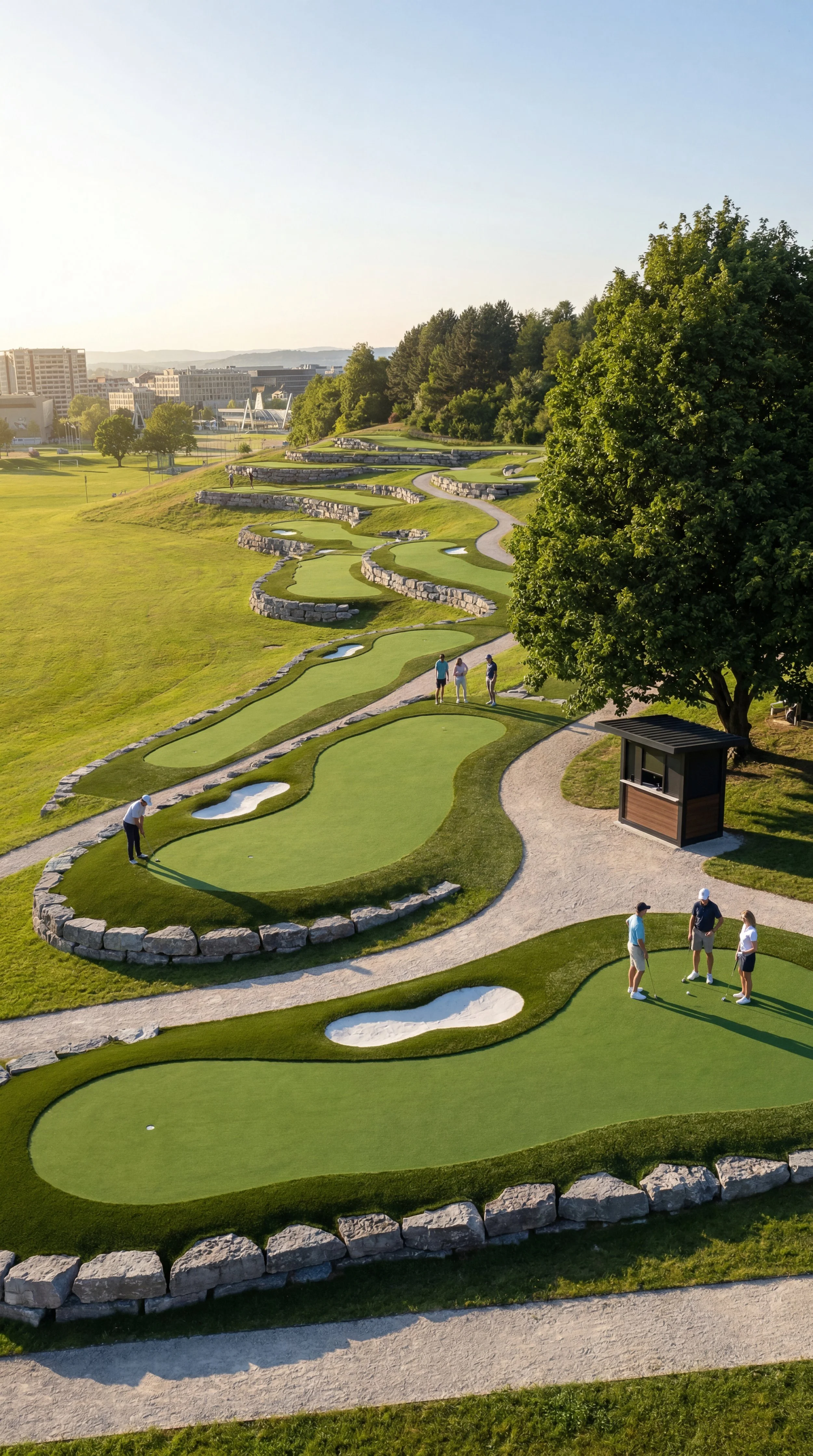 Menschen spielen Minigolf auf einem Parcours im Park bei Sonnenuntergang, umgeben von Bäumen und Stadtgebäuden im Hintergrund.