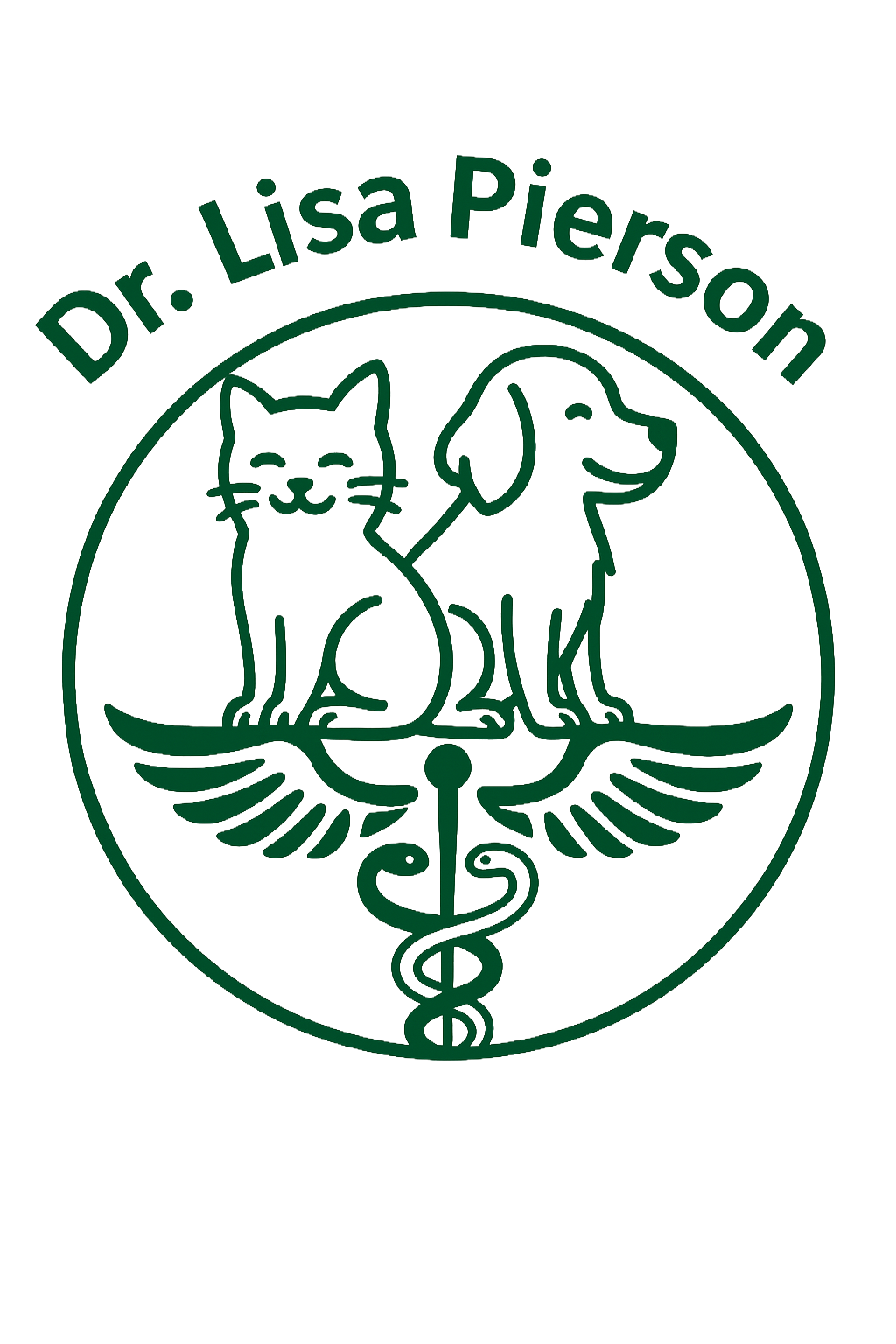 Medical logo with a cat and a dog inside a circle, a caduceus symbol below them, and the text 'Dr. Lisa Pierson' curved above the circle.