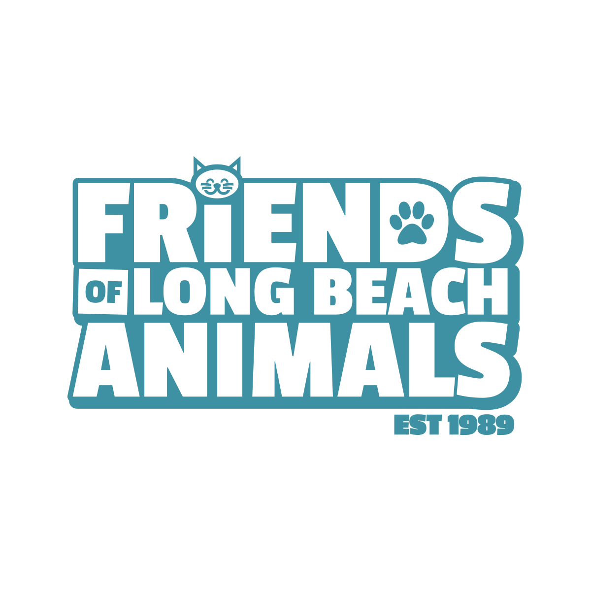 Logo for Friends of Long Beach Animals, established 1989, featuring a stylized cat face with glasses and a paw print.