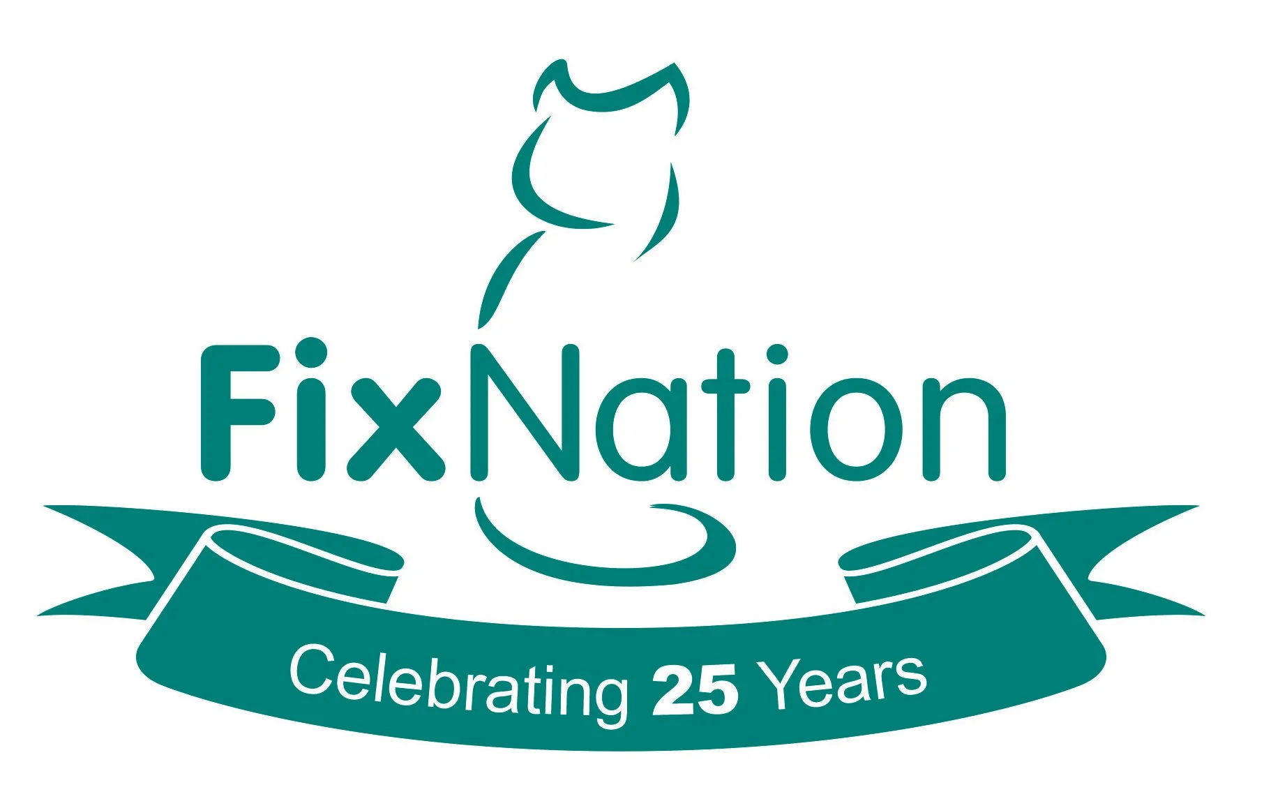 Logo for FixNation celebrating 25 years, with a stylized cat outline and ribbon banner.