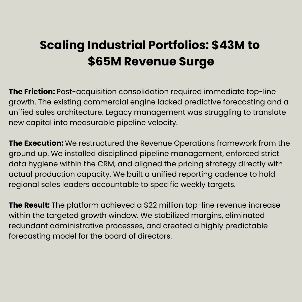The platform achieved a $22 million top-line revenue increase within the targeted growth window. We stabilized margins, eliminated redundant administrative processes, and created a highly predictable forecasting model for the board of directors.