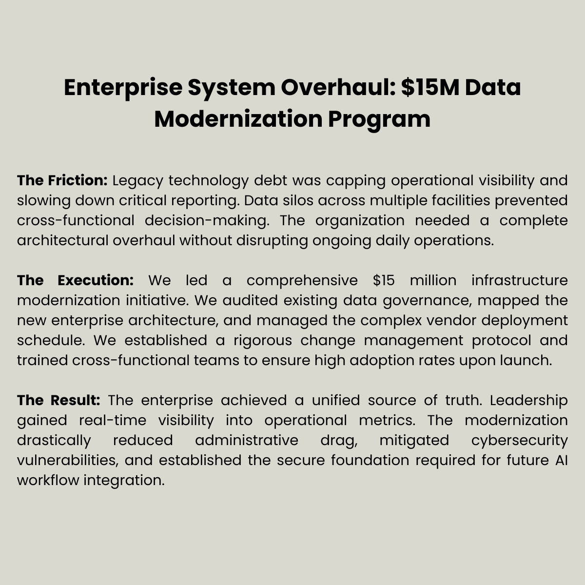 The enterprise achieved a unified source of truth. Leadership gained real-time visibility into operational metrics. The modernization drastically reduced administrative drag, mitigated cybersecurity vulnerabilities, and established the secure foundat