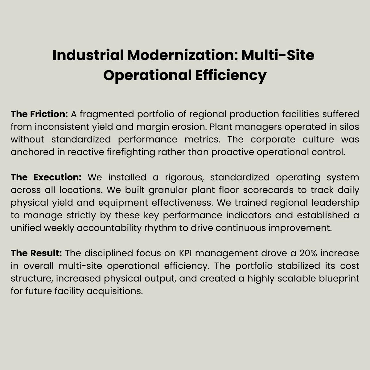 The disciplined focus on KPI management drove a 20% increase in overall multi-site operational efficiency. The portfolio stabilized its cost structure, increased physical output, and created a highly scalable blueprint for future facility acquisition
