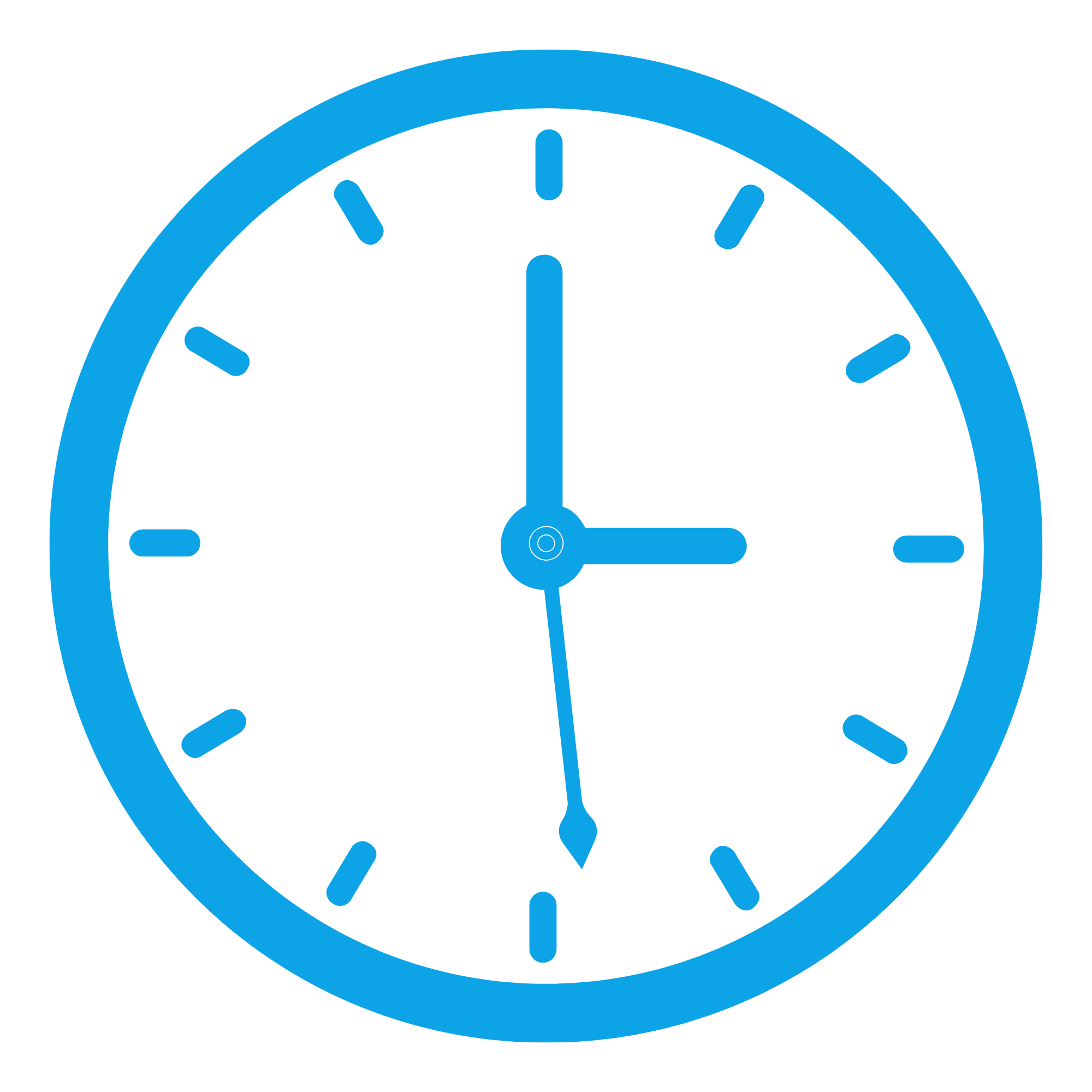 A clock showing 12:00 with a blue outline and hands, on a black background.