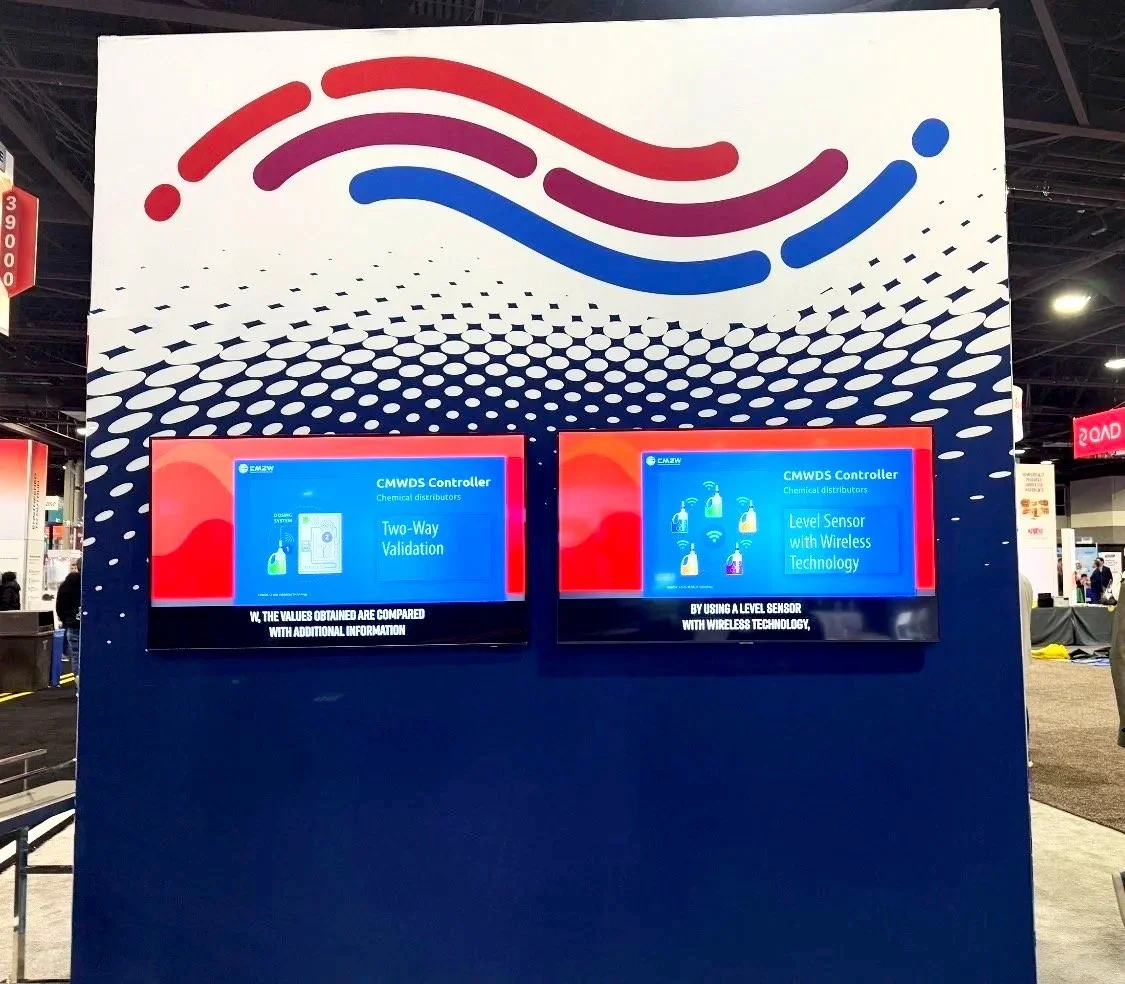 Two digital screens displaying information about chemical dispersers, including terms like 'Level Sensor with Wireless Technology' and 'Two-Way Validation'.