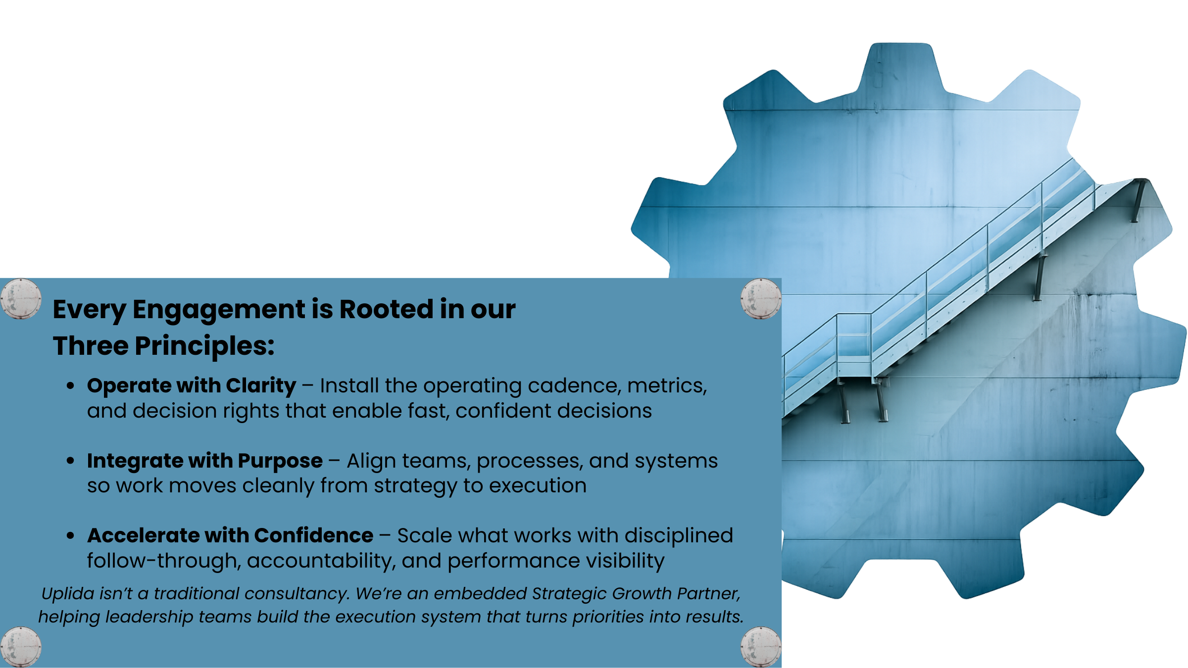 A large blue industrial HVAC cooling tower with a staircase on the right side, accompanied by a text box titled 'Every Engagement is Rooted in our Three Principles' listing three principles: Operate with Clarity, Integrate with Purpose, Accelerate with Confidence, against a background of clear sky.