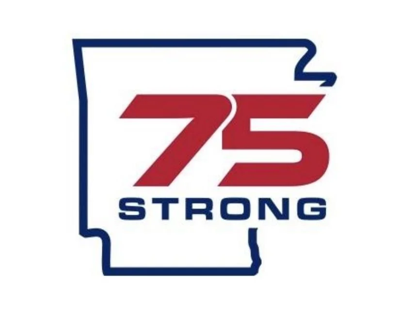 Logo with outline of the state of Oklahoma, the number 75 in bold red, and the word STRONG below in blue.
