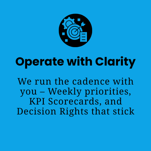 Blue background with black and white logo at the top, followed by bold black text that reads 'Operate with Clarity,' and smaller black text below stating 'We run the cadence with you – Weekly priorities, KPI Scorecards, and Decision Rights that stick.'