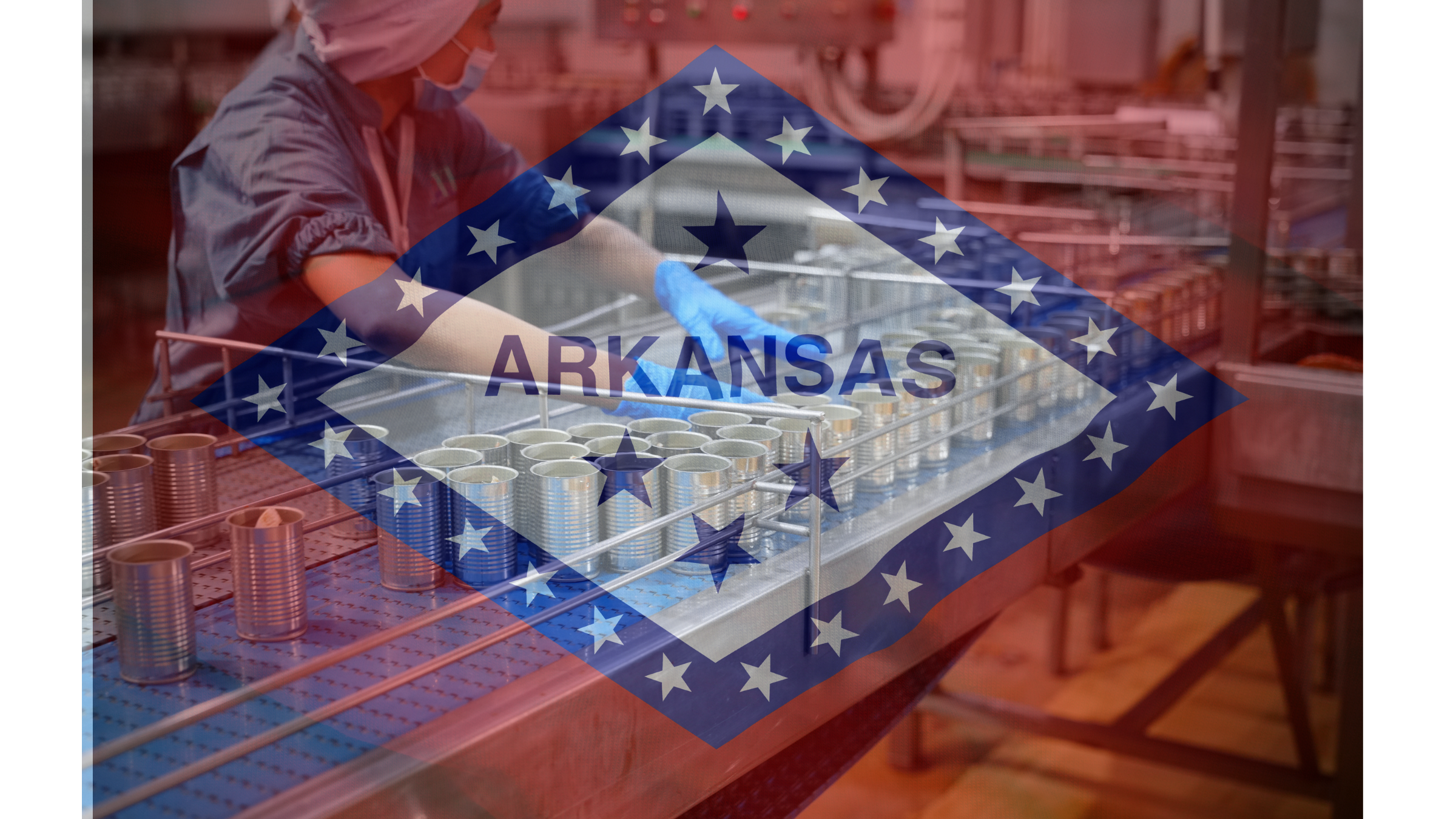 A person working in an industrial setting with a transparent overlay of the Arkansas state flag.