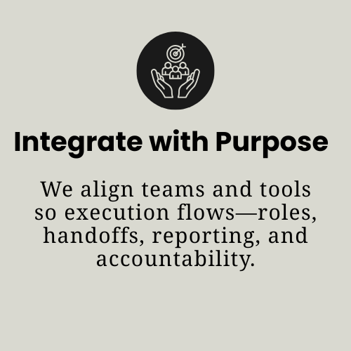 Icon of hands holding a target with an arrow, above the text "Integrate with Purpose" and a description about aligning teams and tools for efficient execution.