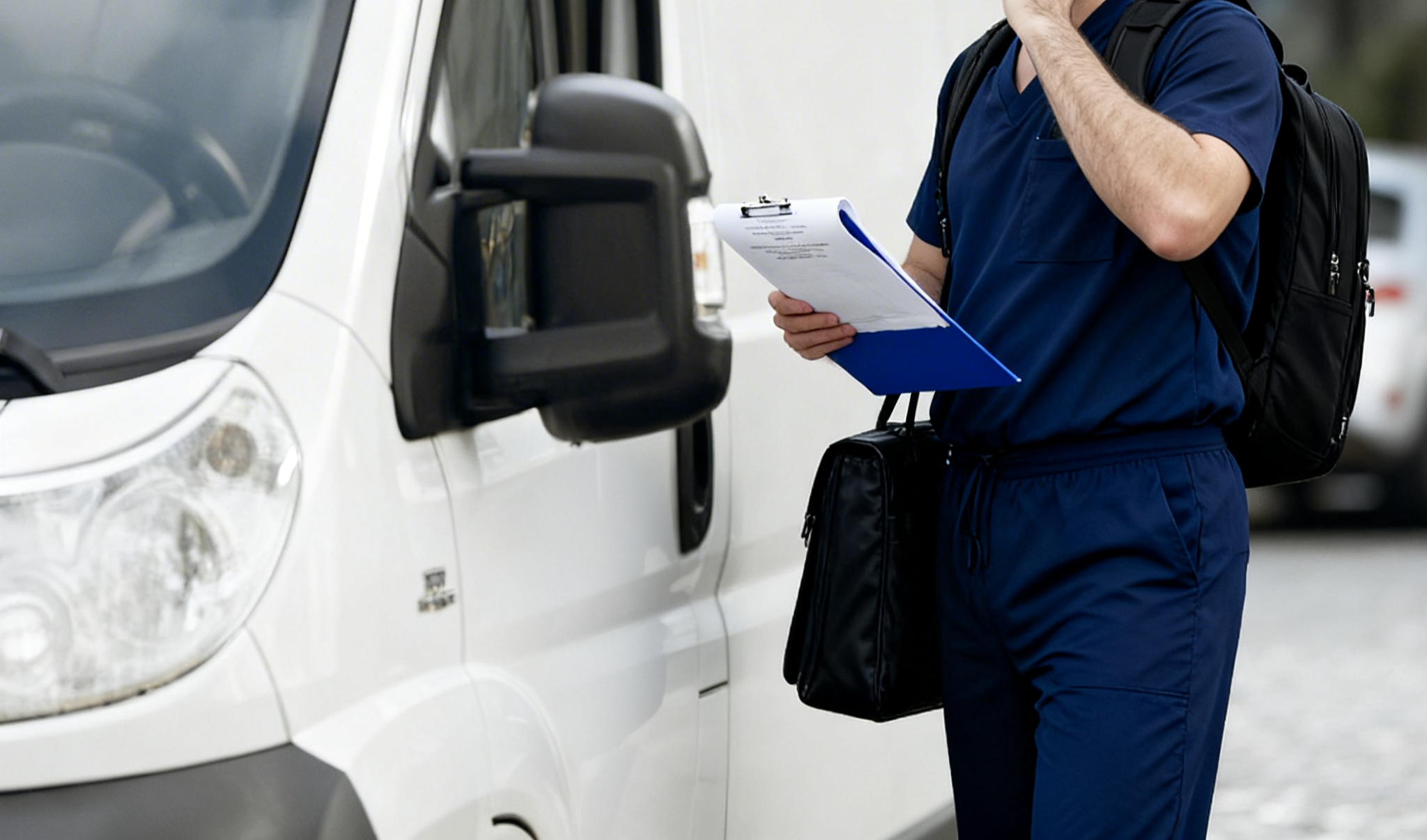 A delivery person in blue uniform holding a clipboard and carrying a black backpack and messenger bag, talking to a white delivery van.