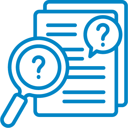 Icon of a magnifying glass examining documents with question marks, representing searching or researching information.