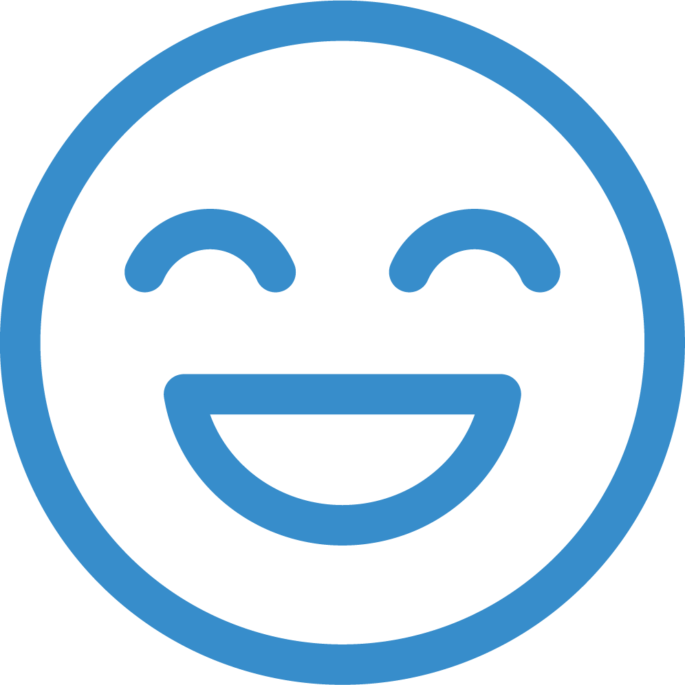Blue smiling face emoji with eyes closed and mouth open, showing happiness.