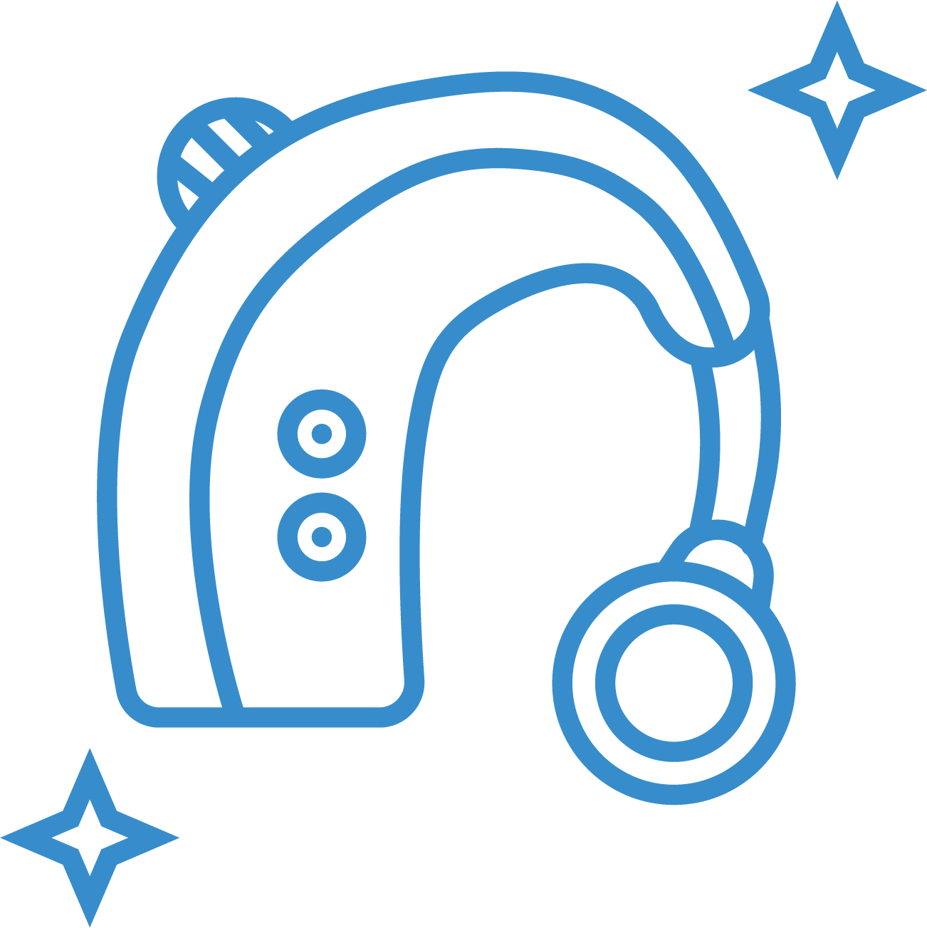 Outline drawing of a hearing aid with two stars around it, in blue lines.