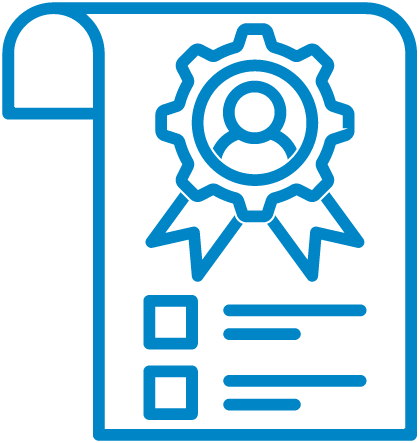 Icon of a certificate with a gear and person symbol in the center, indicating certification or professional quality, and checkboxes and lines representing additional information.