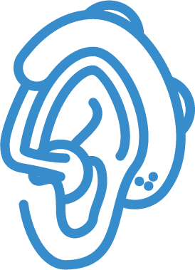 Outline drawing of a human ear with a fitted hearing aid in blue.