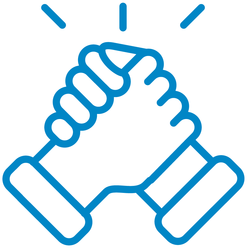 Line drawing of two hands clasped together in a handshake.