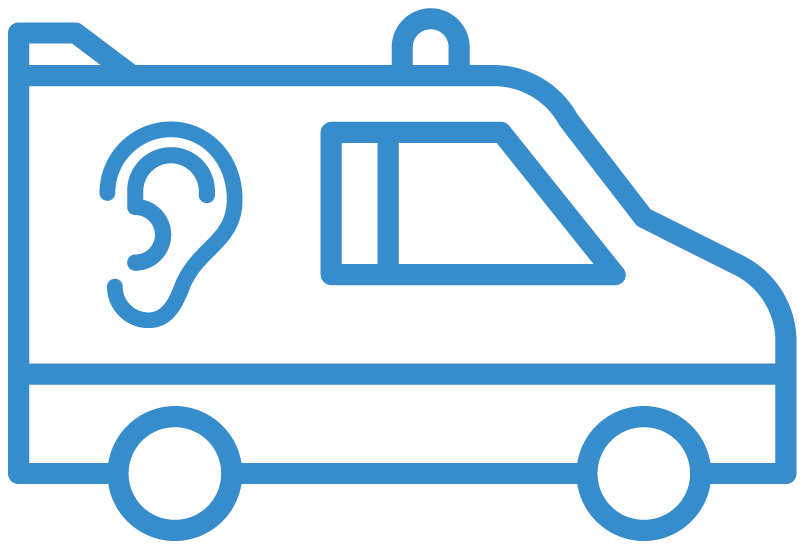 An illustration of an ambulance with a large ear symbol on its side.