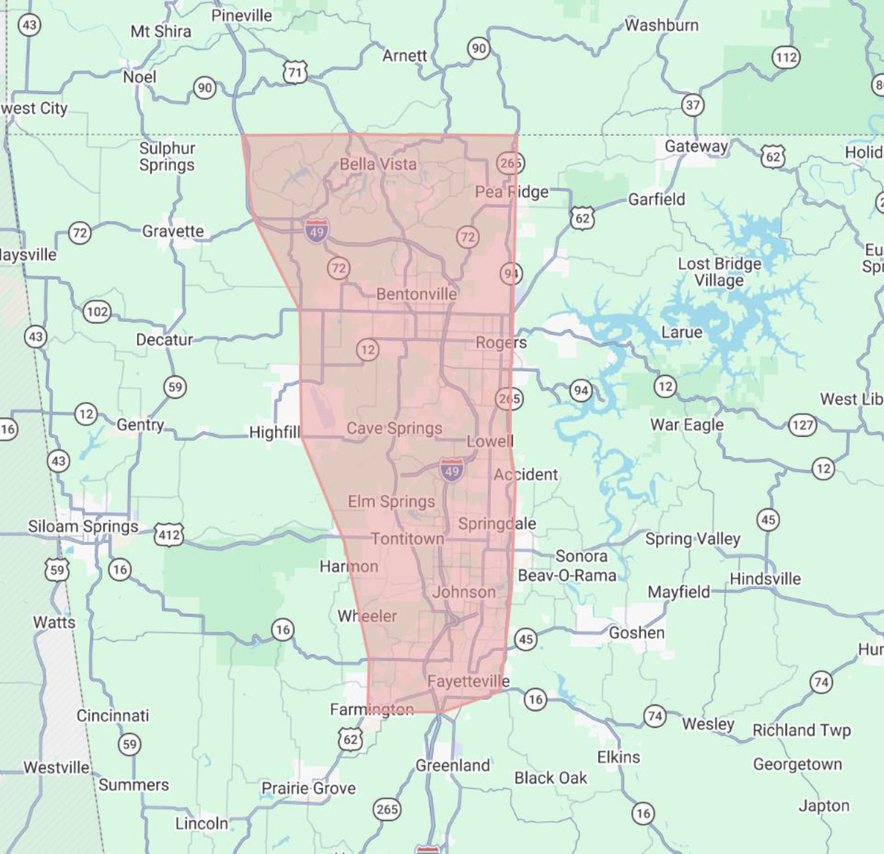 Map showing a region in Arkansas with cities such as Fayetteville, Johnson, Wheeler, Springdale, and Elm Springs, highlighted with a red border.