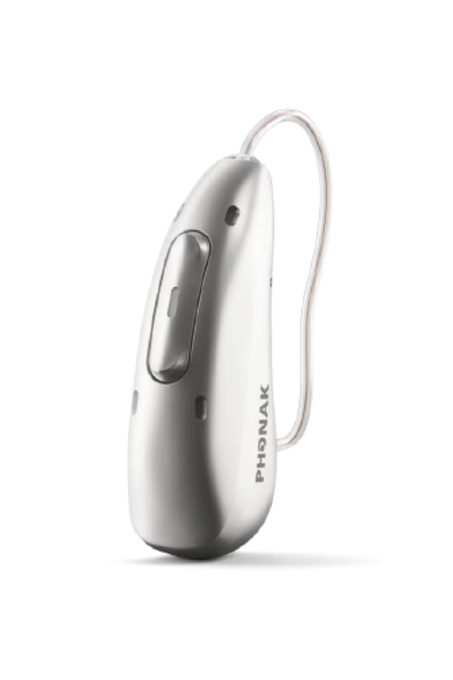 Silver Phonak hearing aid with a clear tube attached.