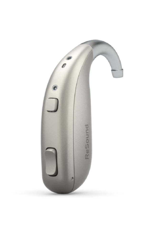 A modern hearing aid in silver color with controls and buttons, designed to fit inside the ear, branded 'Resound'.