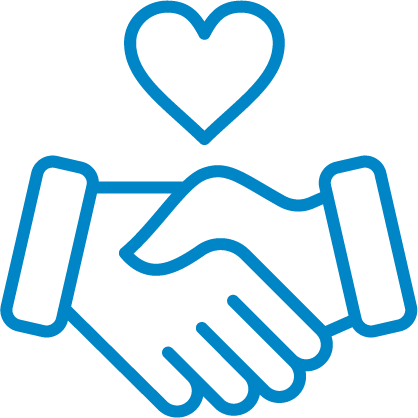 Line drawing of two hands shaking with a heart above them, symbolizing care and support.