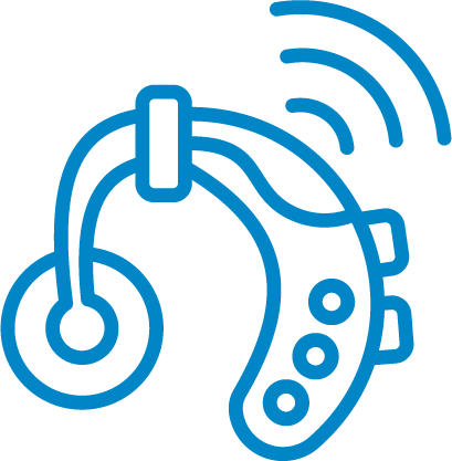 Line drawing of a hearing aid with sound waves emanating from it