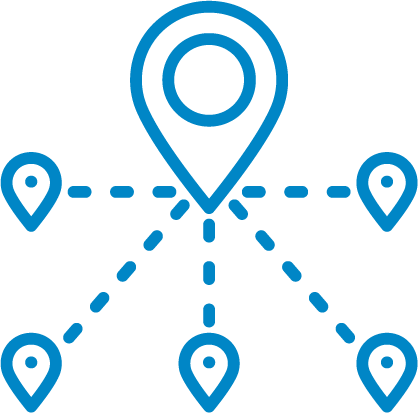 Icon of a large location pin connecting to multiple smaller location pins, symbolizing mapping or directions.