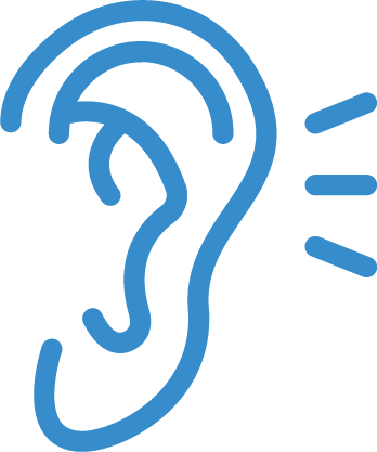 Line drawing of a human ear with sound waves next to it.
