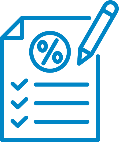 Outline of a document with a percentage symbol, checkmarks, and a pencil.