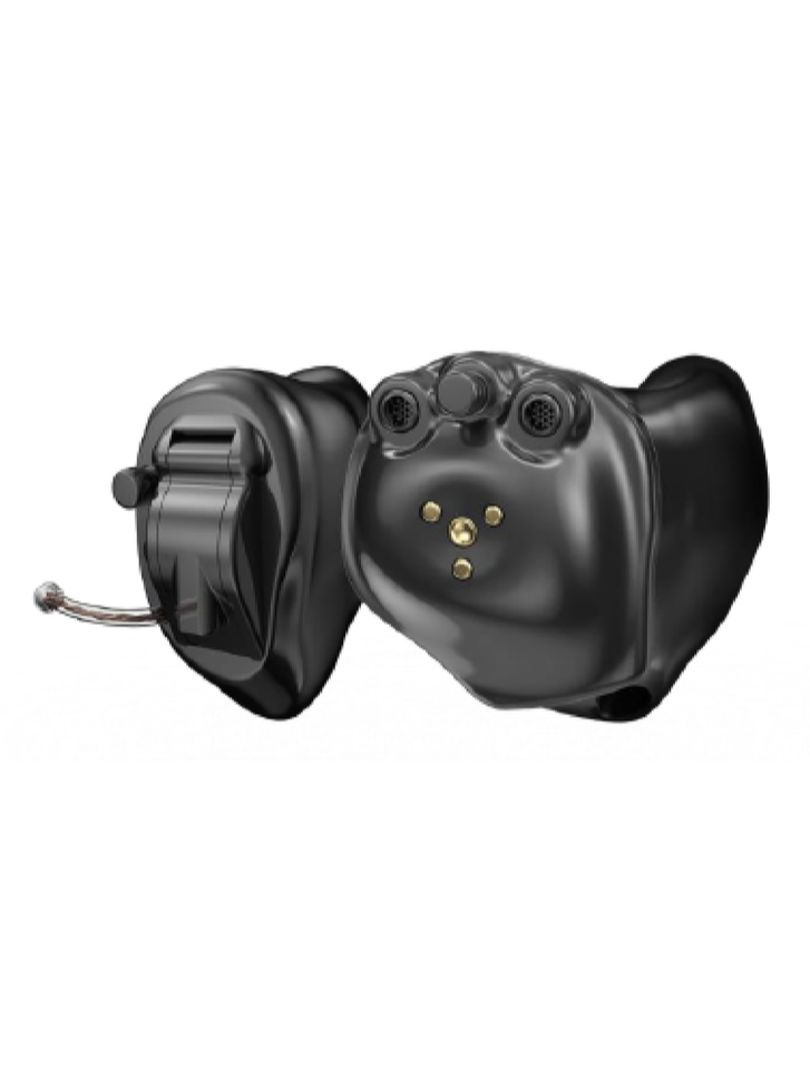 Black hearing aid that fits into ear.