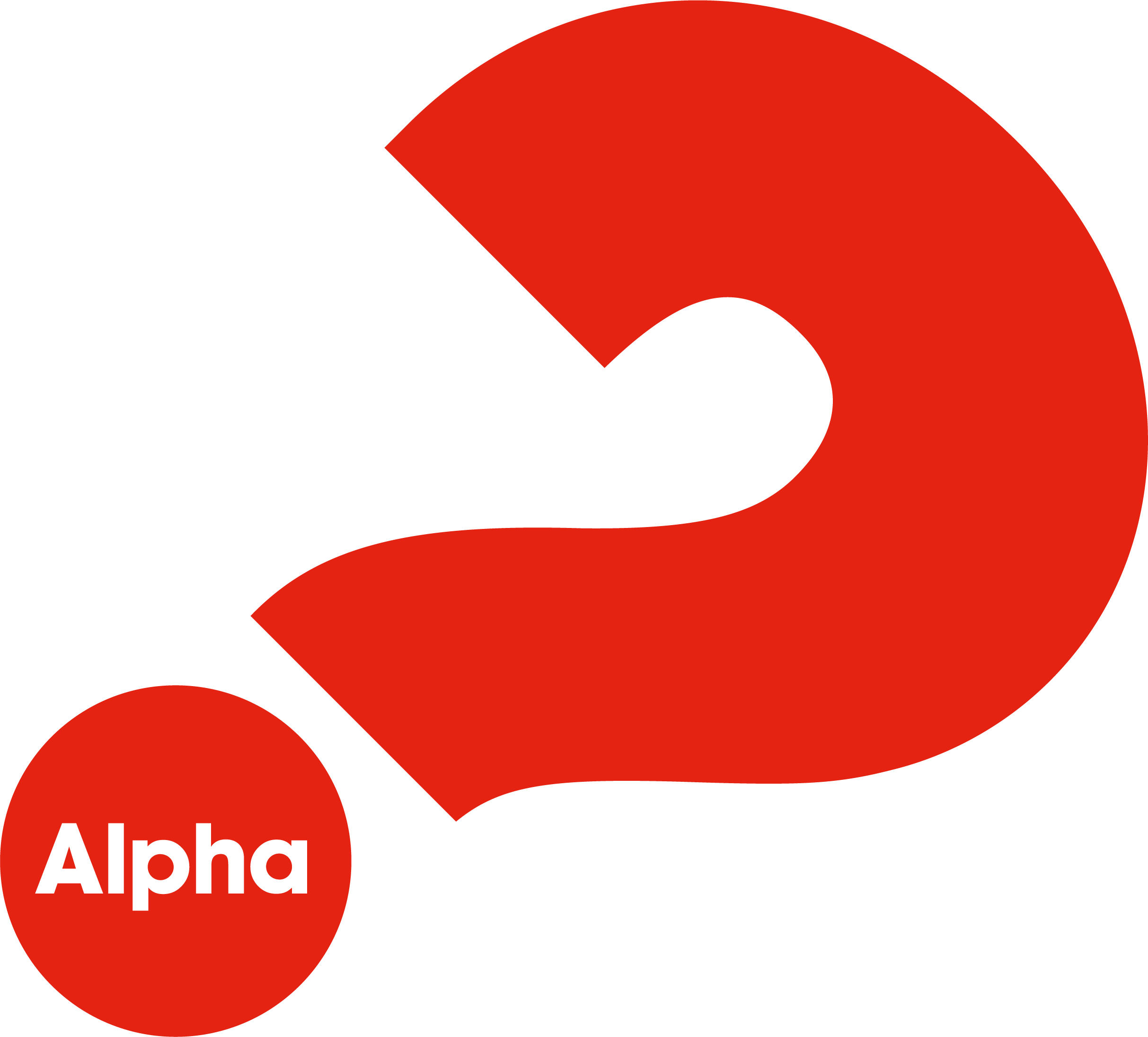 Red question mark with white text 'Alpha' inside a red circle to the lower left of the question mark.