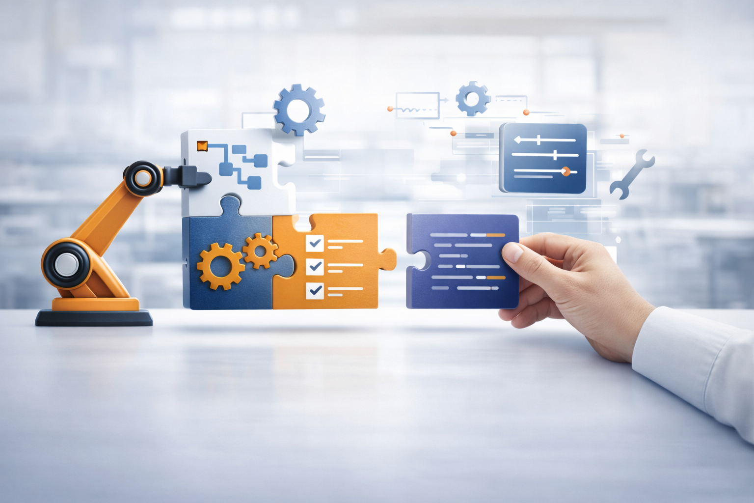 A robotic arm assembling puzzle pieces with gears and checkmarks, symbolizing automation and process management.