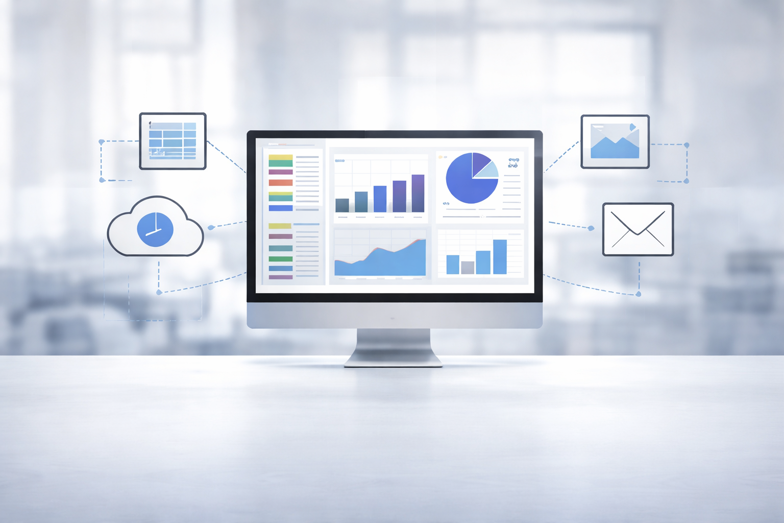 Computer monitor displaying business analytics with charts and graphs, surrounded by icons representing data, cloud, email, and images.