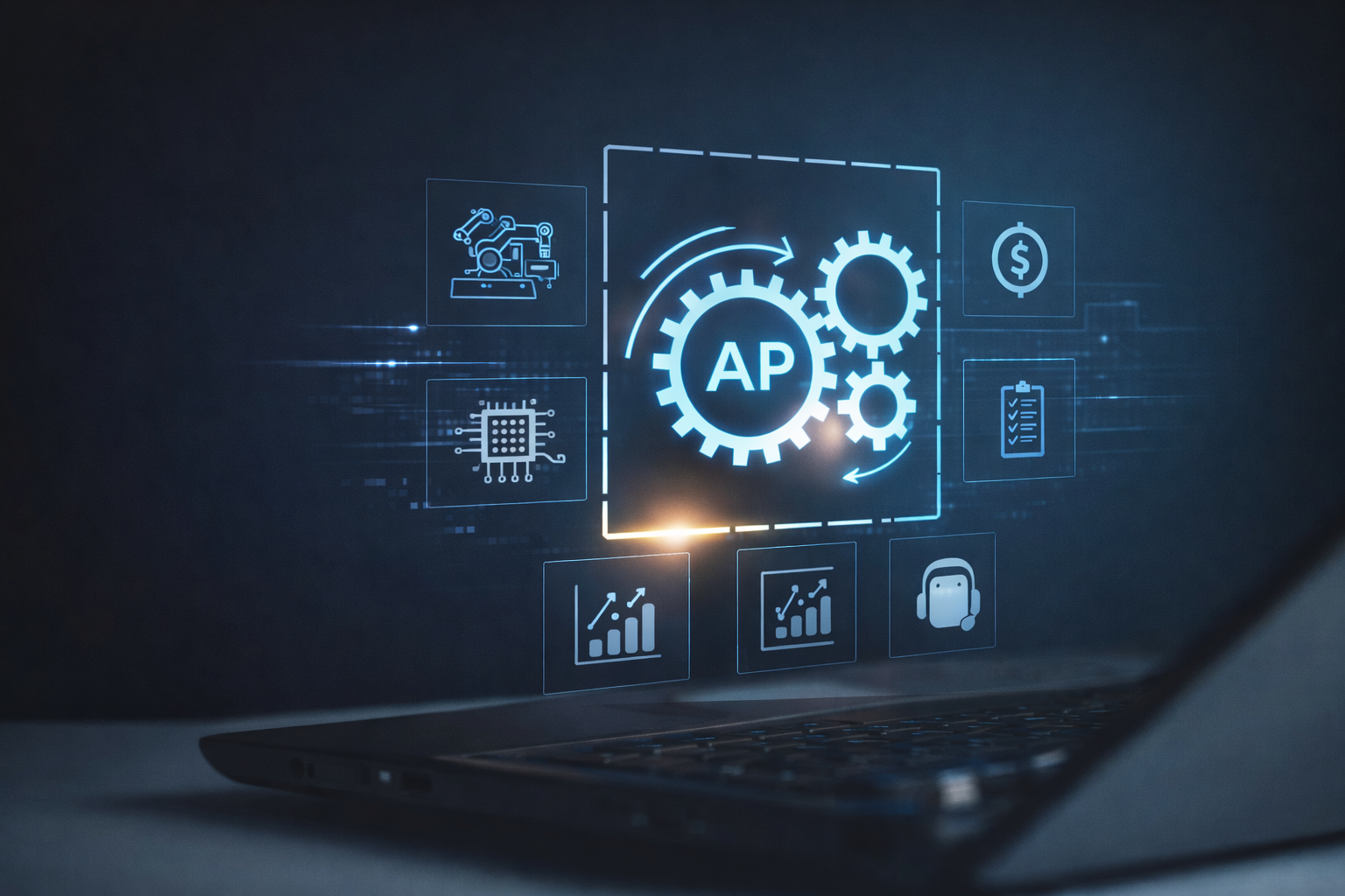 A digital screen from a laptop displaying icons of gears with the letters 'AP' in the center, supported by icons of robotics, microchips, charts, money, checklists, a headphones, and arrows indicating processes and data analysis.