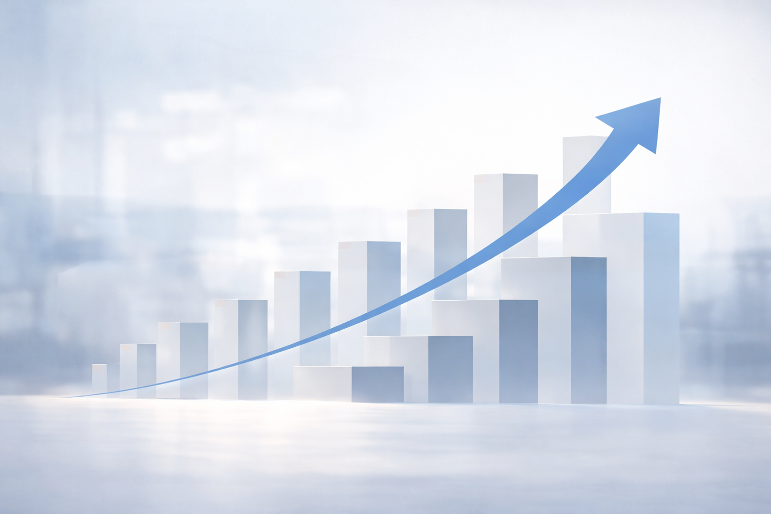 A bar graph with ascending white bars and a blue upward trending arrow, symbolizing growth or increase.