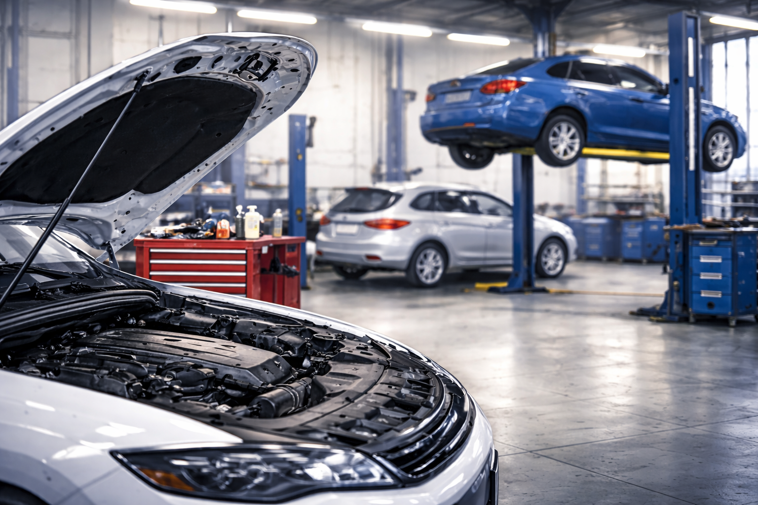 An auto repair shop with two cars on hydraulic lifts, one blue and one white, and a third silver car with its hood open.