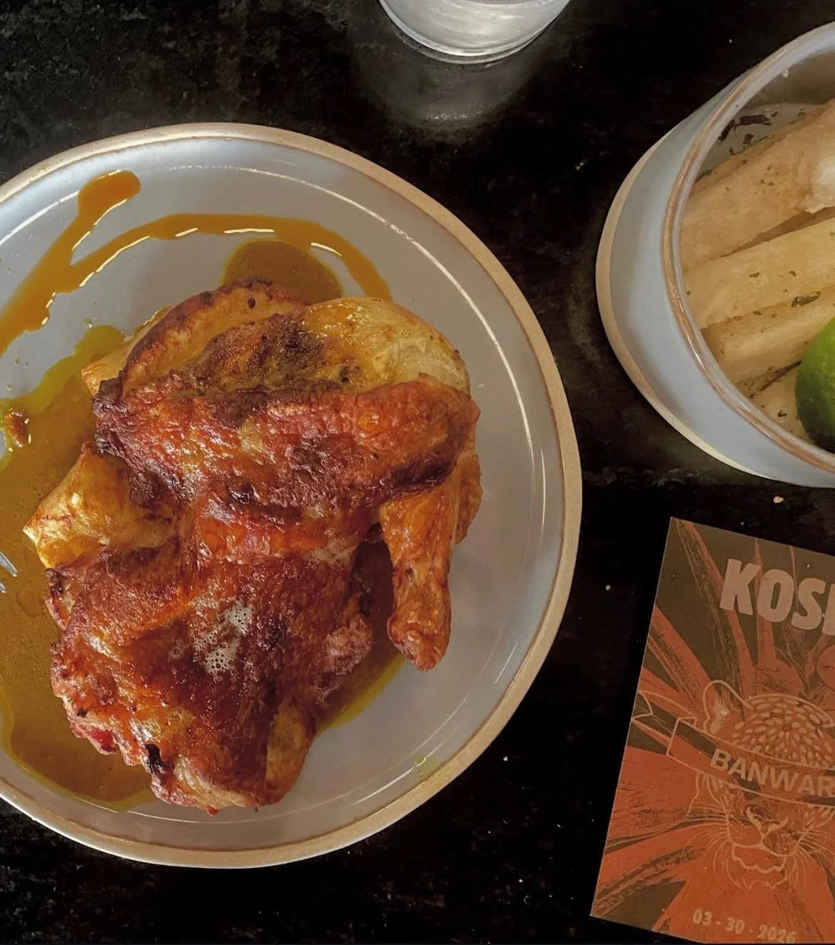 Banwari Chicken with Wiri Wiri Hot Sauce. Cassava Fries.