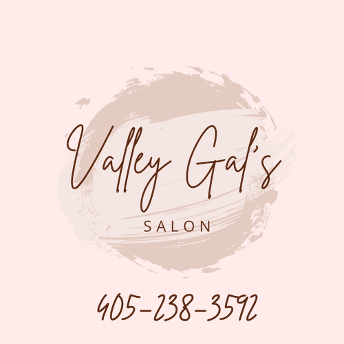 Business card for Valley Girl's Salon with contact number 405-238-3592, featuring pink and beige colors and elegant script font.